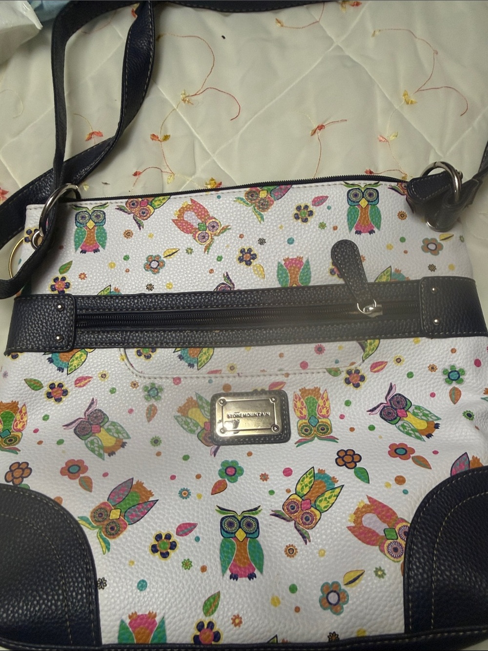 Stone Mountain Accessories White Crossbody Bag with Multicolor Owl Print